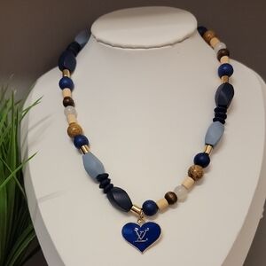 Blue Gold Beaded Heart Necklace